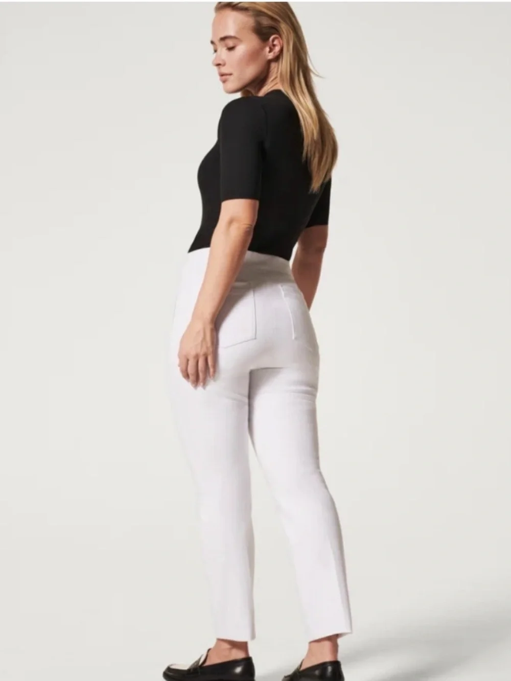Spanx Slim Straight Leg Cotton Pants in White w/ Silver Lining Size Medium
